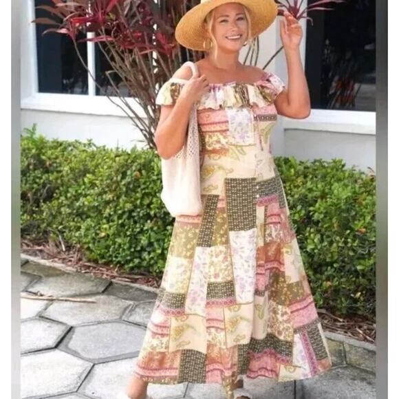 Z SUPPLY Veda Off Shoulder Patchwork Midi Maxi Dress Pink Cream Sz M NWT {3Y16} - Picture 3 of 4